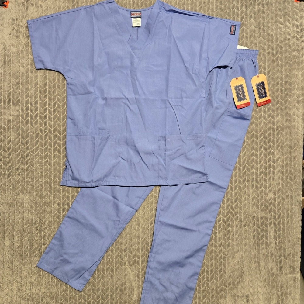 Cherokee Workwear Originals Scrub Set Womens XS Ceil Blue V-Neck Top Cargo Pants
